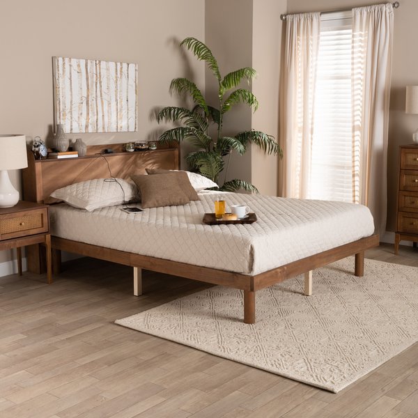 Baxton Studio Decker MidCentury  Walnut Brown Finished Wood Full Size Platform Bed with Charging Station 217-11893-ZORO